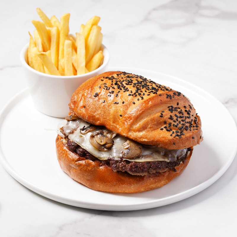 Amadio Truffle Mushroom Mozzarella Beef Burger with Classic Fries